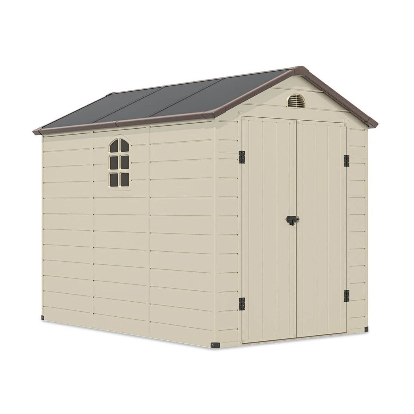  Szopa narzędziowa Vermont - 190x280c - Hardmaister, widok na beżowy domek ogrodowy na białym tle 