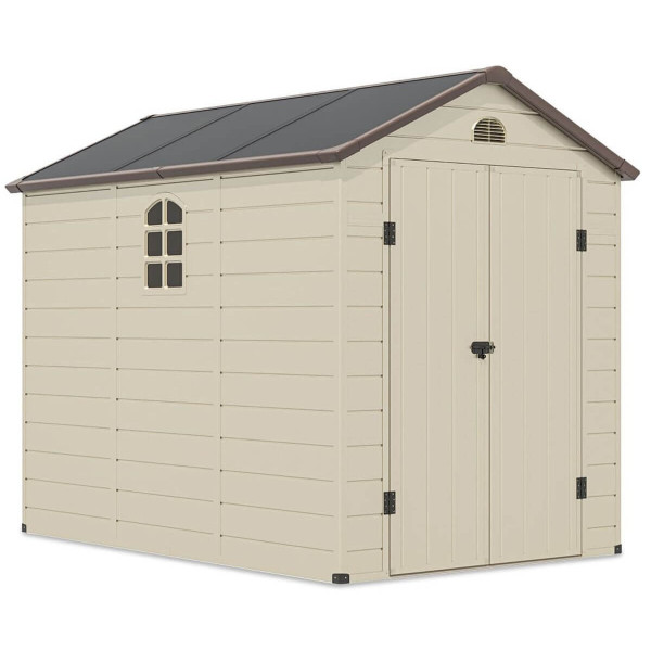  Szopa narzędziowa Vermont - 190x280c - Hardmaister, widok na beżowy domek ogrodowy na białym tle 