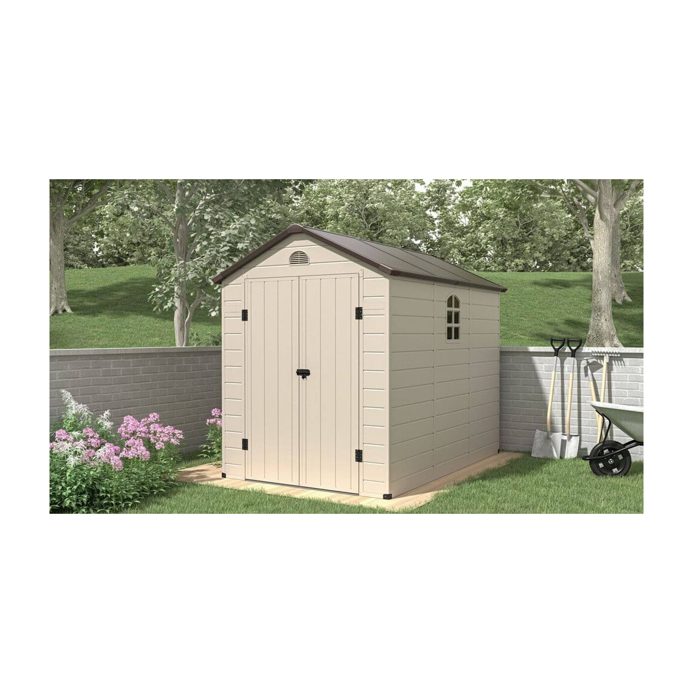 Domek na narzędzia Vermont - 190x280cm - Beżowy od Hardmaister, domek stojący w ogrodzie w aranżacji kwiatów 