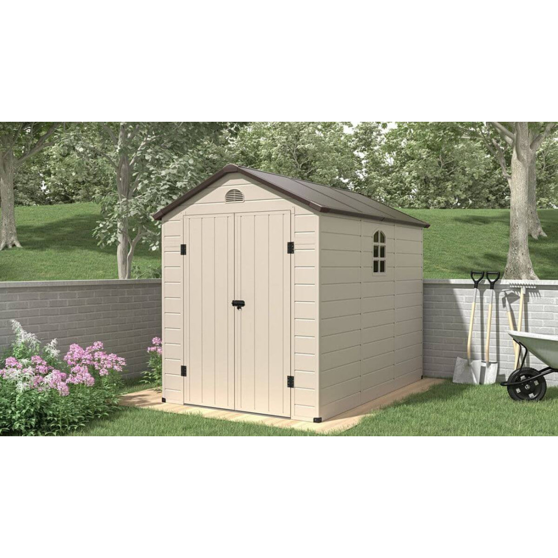 Domek na narzędzia Vermont - 190x280cm - Beżowy od Hardmaister, domek stojący w ogrodzie w aranżacji kwiatów 