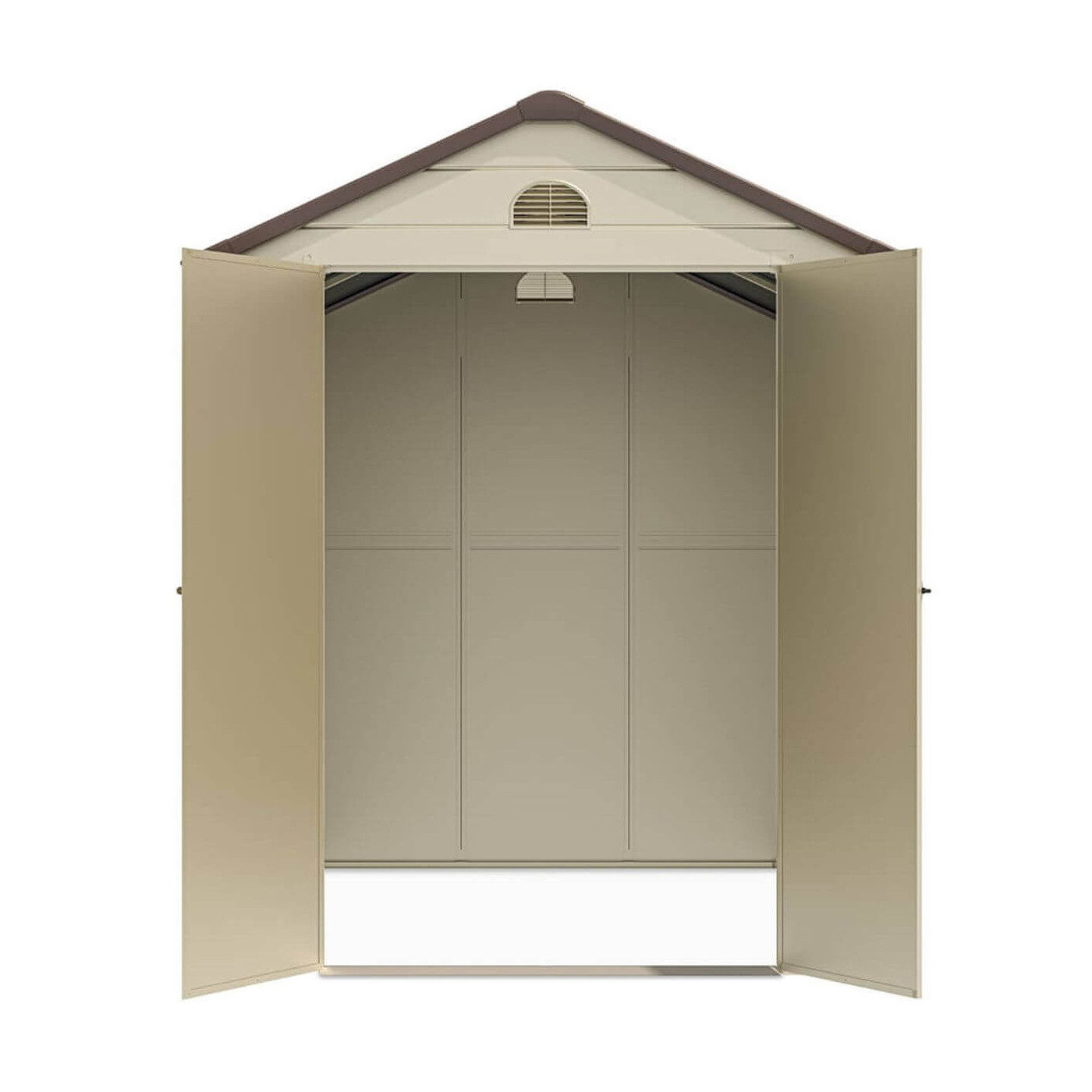 Widok na wnętrze szopy narzędziowej Vermont 190x280cm od Hardmaister, beżowe ściany domku