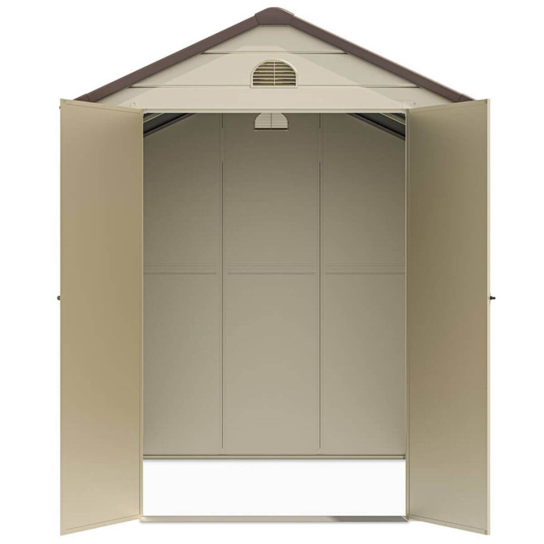 Widok na wnętrze szopy narzędziowej Vermont 190x280cm od Hardmaister, beżowe ściany domku