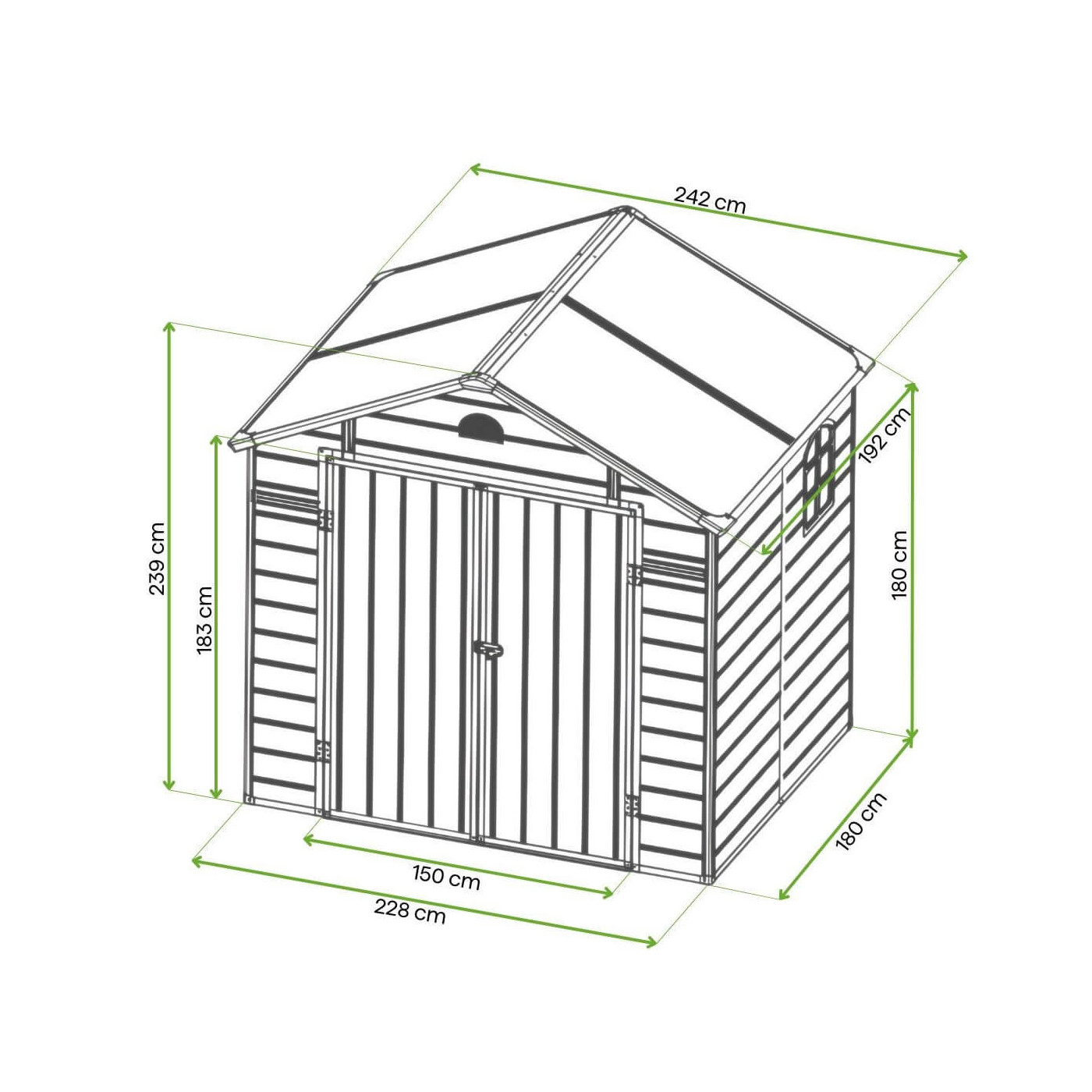 Rycina z wymiarami domku ogrodowego VERMONT 242x192cm Cold Grey