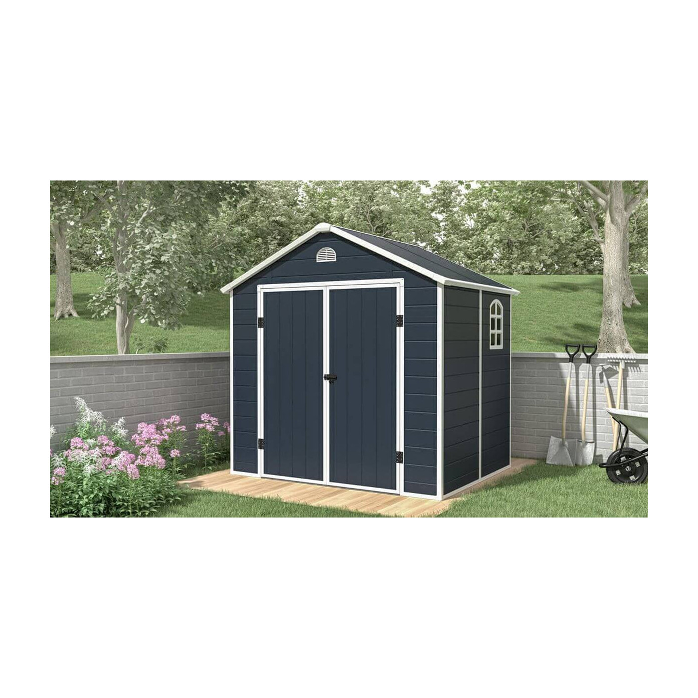 Domek narzędziowy Vermont w ogrodzie, na drewnianym podeście