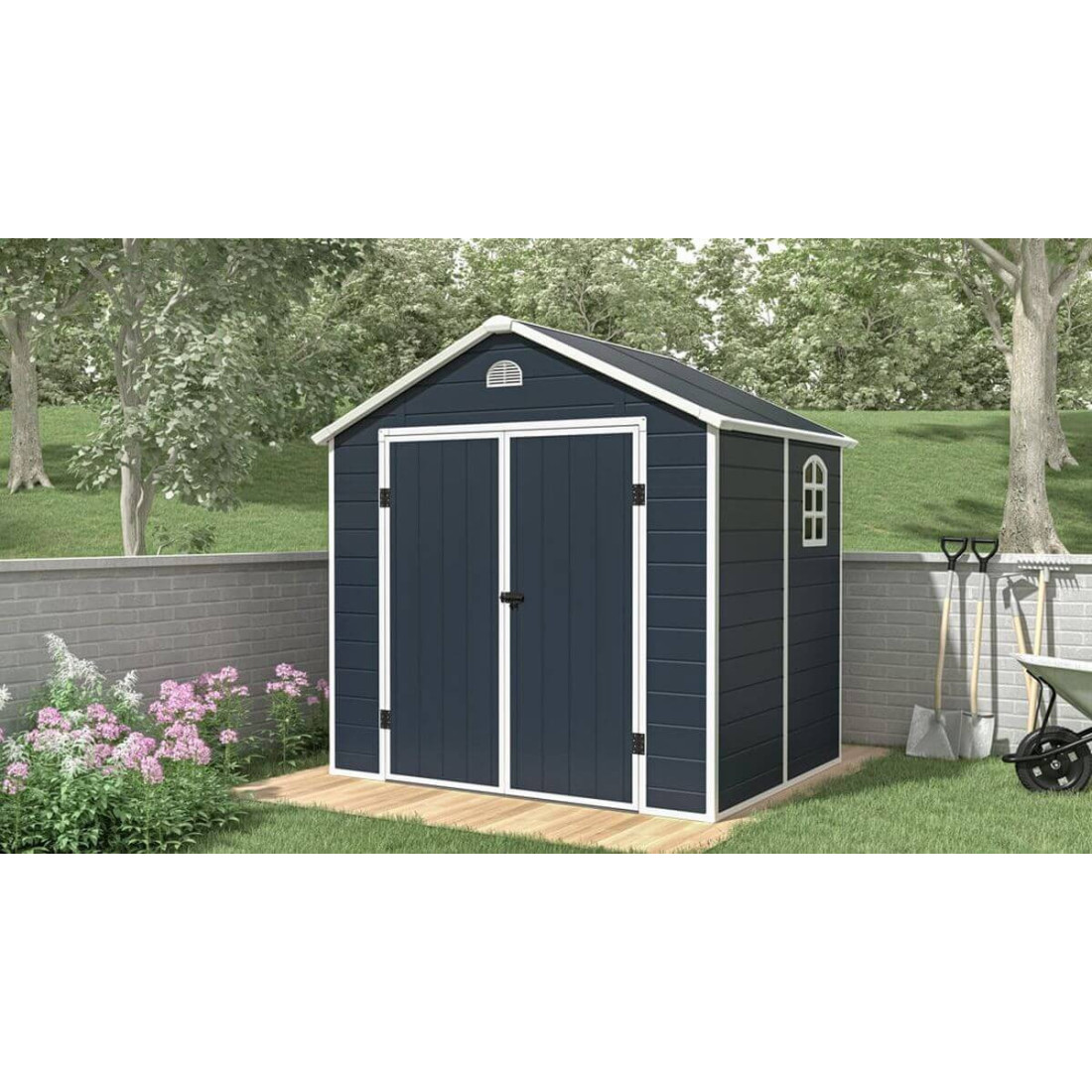 Domek narzędziowy Vermont w ogrodzie, na drewnianym podeście