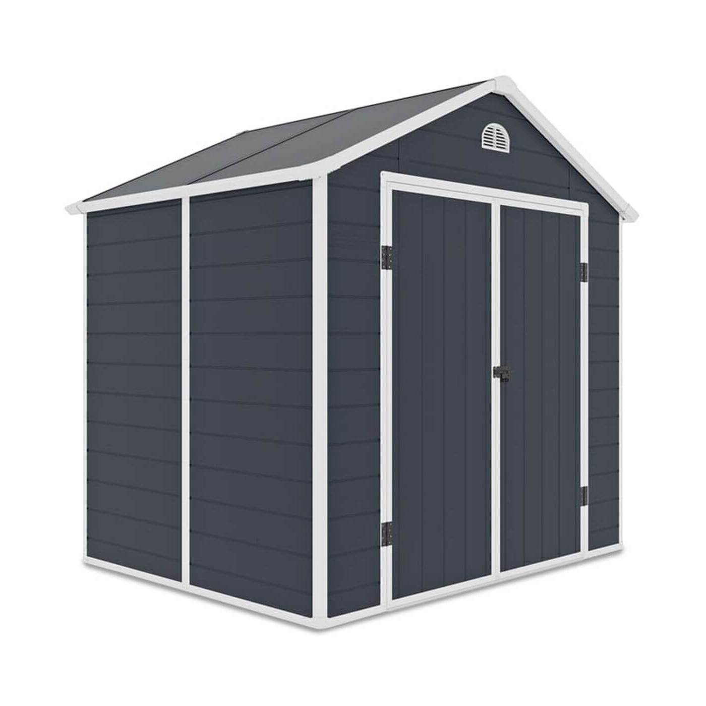 Widok na boczną ścianę z oknem domku na narzędzia VERMONT 242x192cm Cold Grey