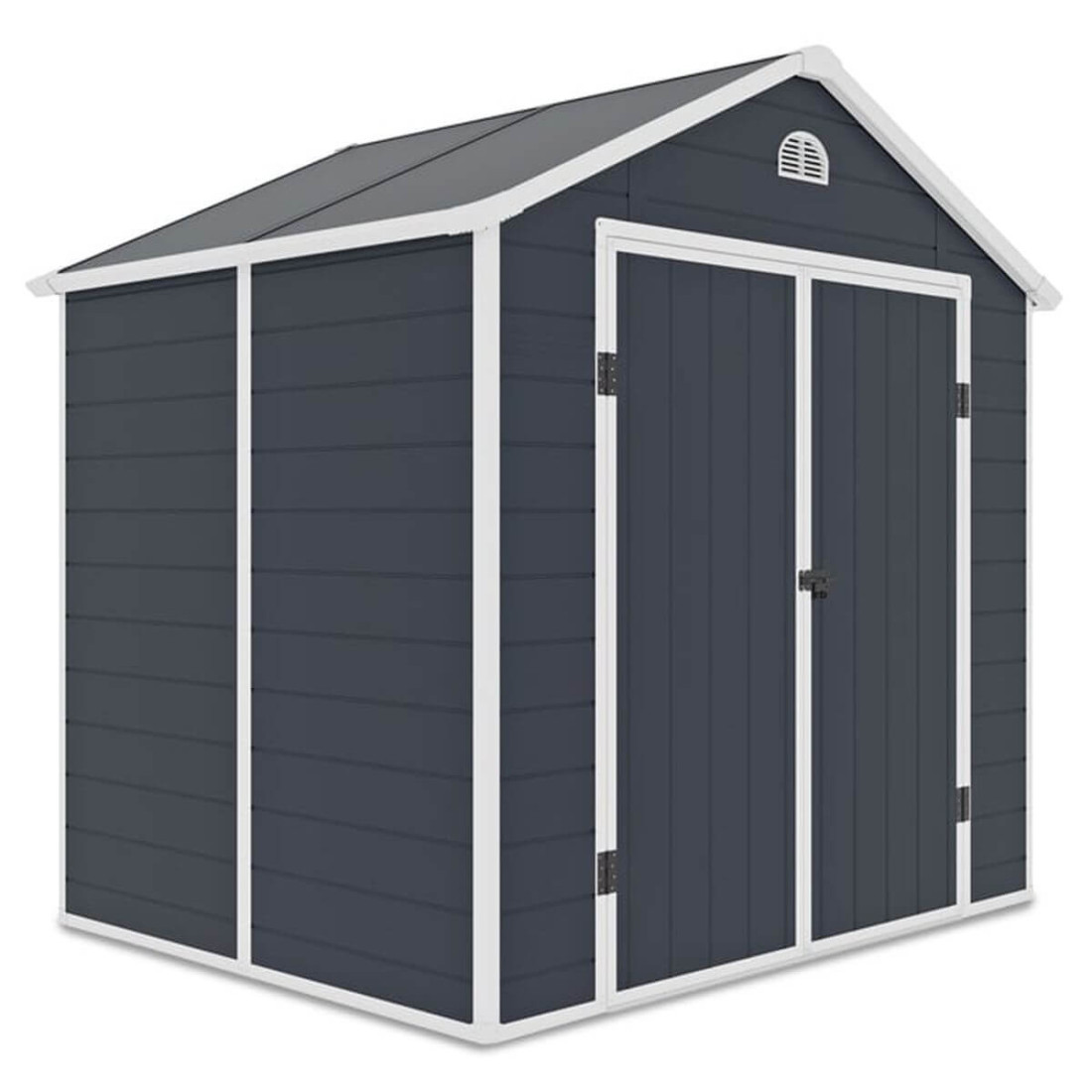 Widok na boczną ścianę z oknem domku na narzędzia VERMONT 242x192cm Cold Grey