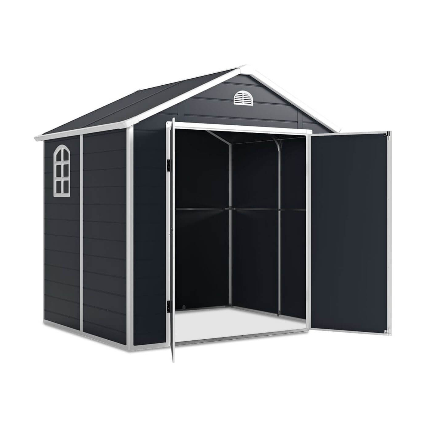 Widok na wnętrze domku na narzędzia Vermont, szerokie, podwójne drzwi, przestronne wnętrze