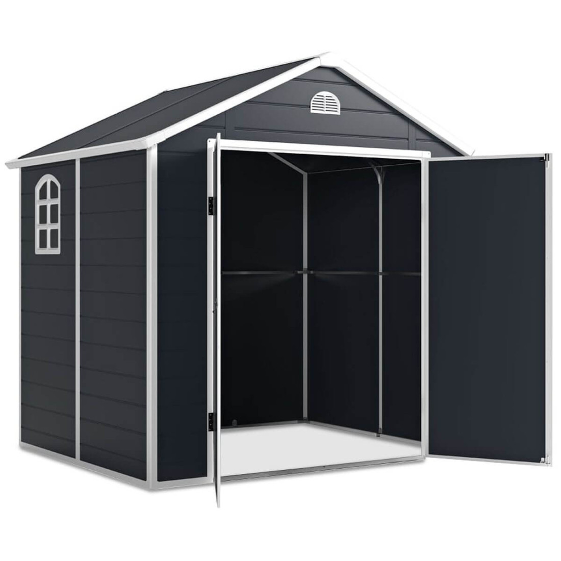 Widok na wnętrze domku na narzędzia Vermont, szerokie, podwójne drzwi, przestronne wnętrze