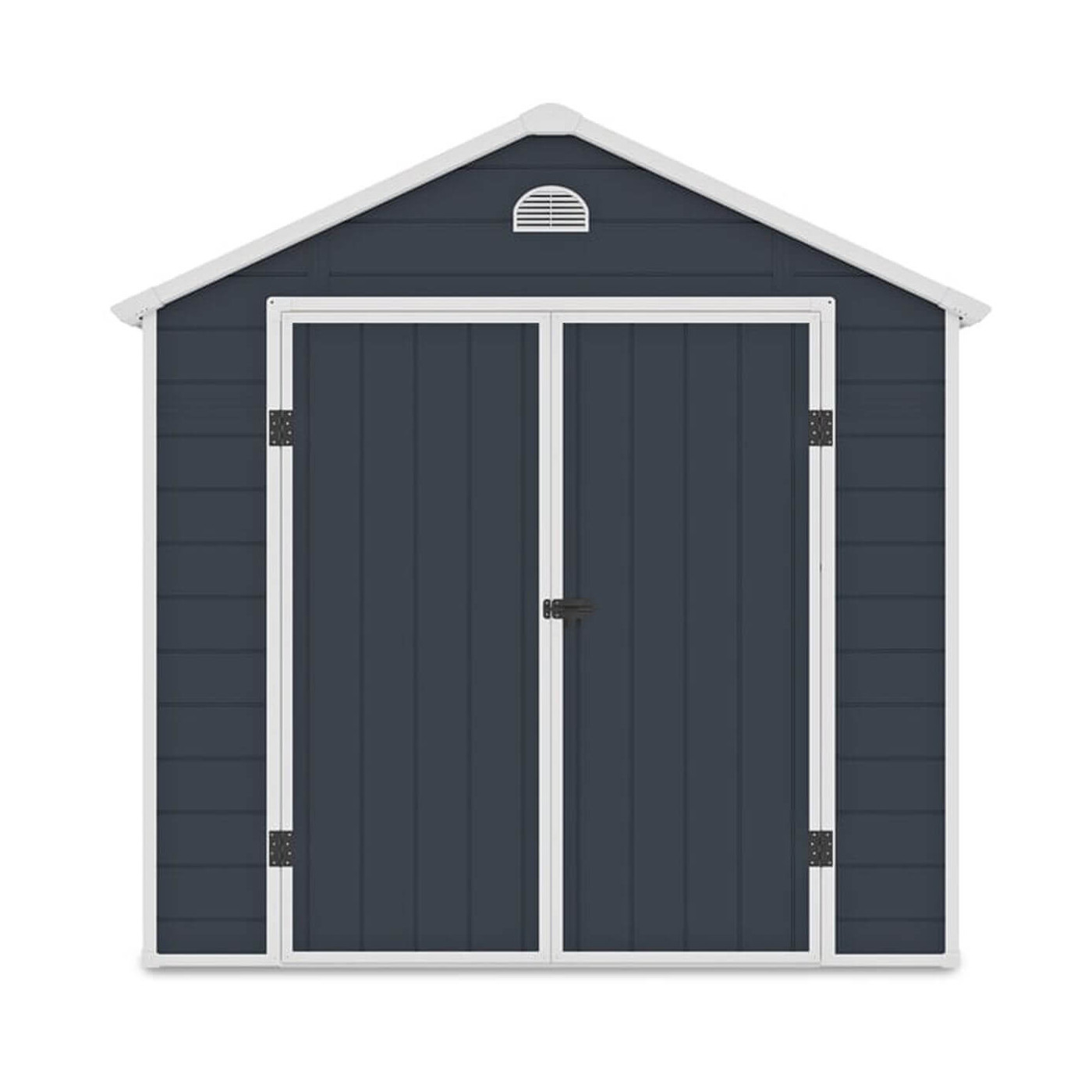 Widok na przód metalowego domku na narzędzia Vermont w kolorze Cold Grey - Hardmaister