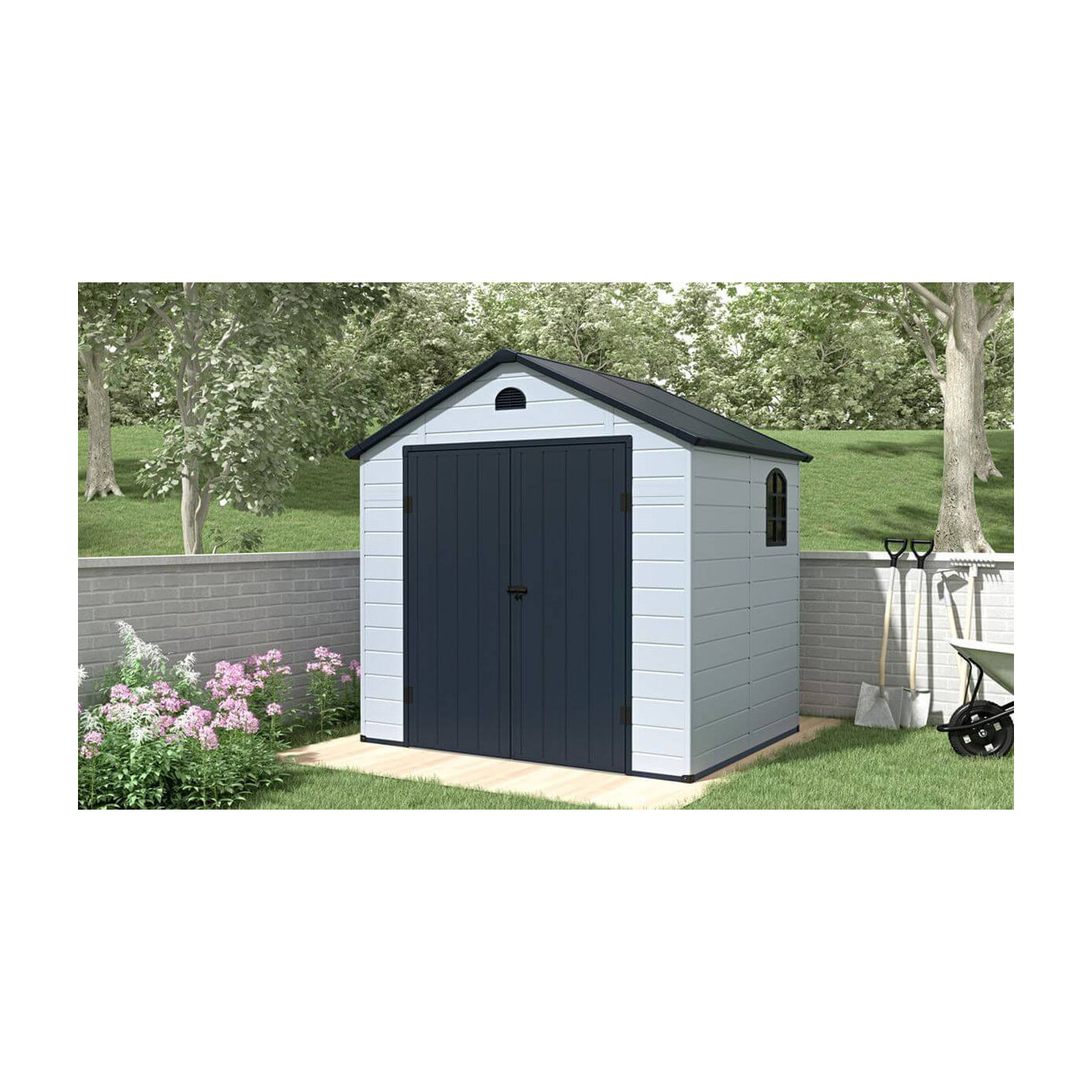  Domek ogrodowy Vermont 242x192cm od Hardmaister w aranżacji, stojący w ogrodzie