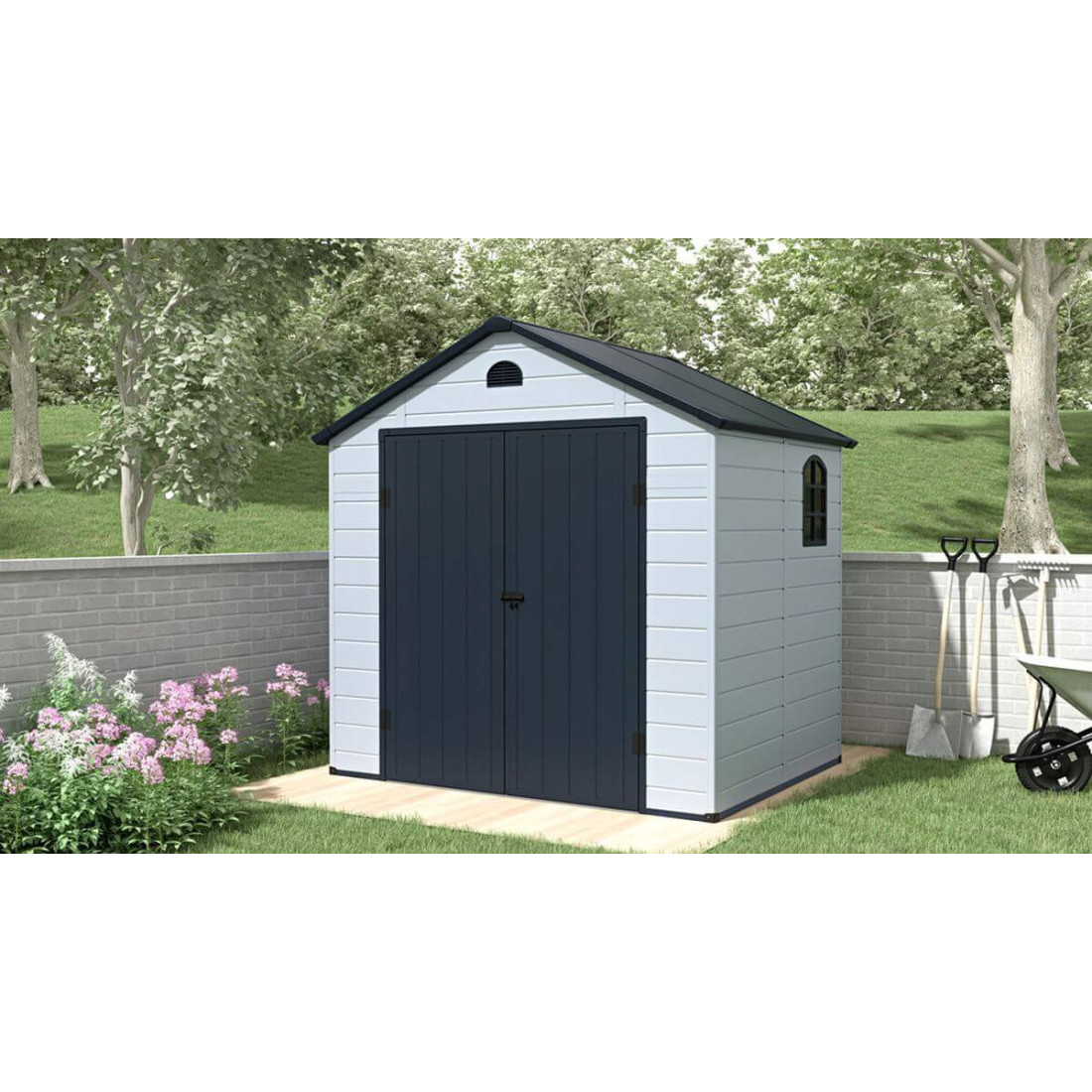  Domek ogrodowy Vermont 242x192cm od Hardmaister w aranżacji, stojący w ogrodzie