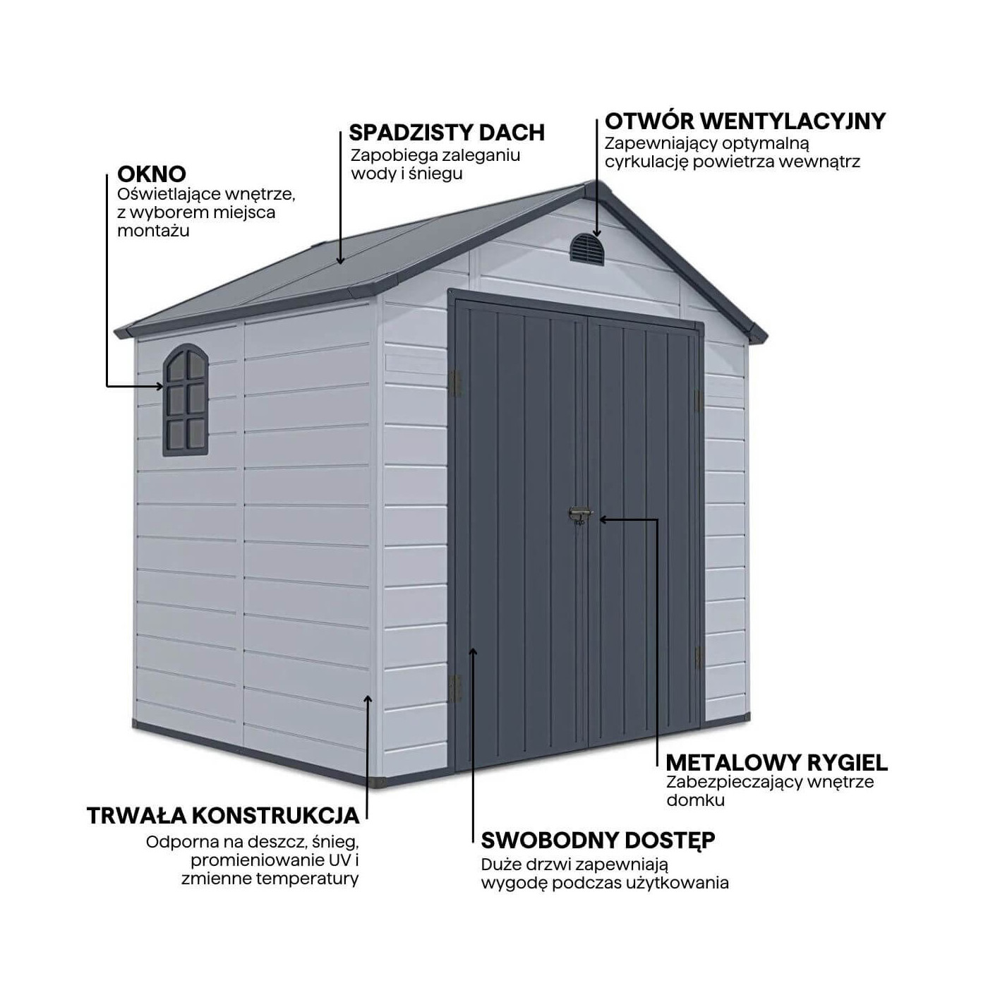 Grafika z detalami i cechami domku narzędziowego VERMONT 242x192cm Light Grey