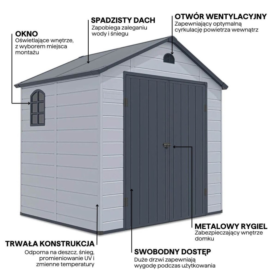 Grafika z detalami i cechami domku narzędziowego VERMONT 242x192cm Light Grey