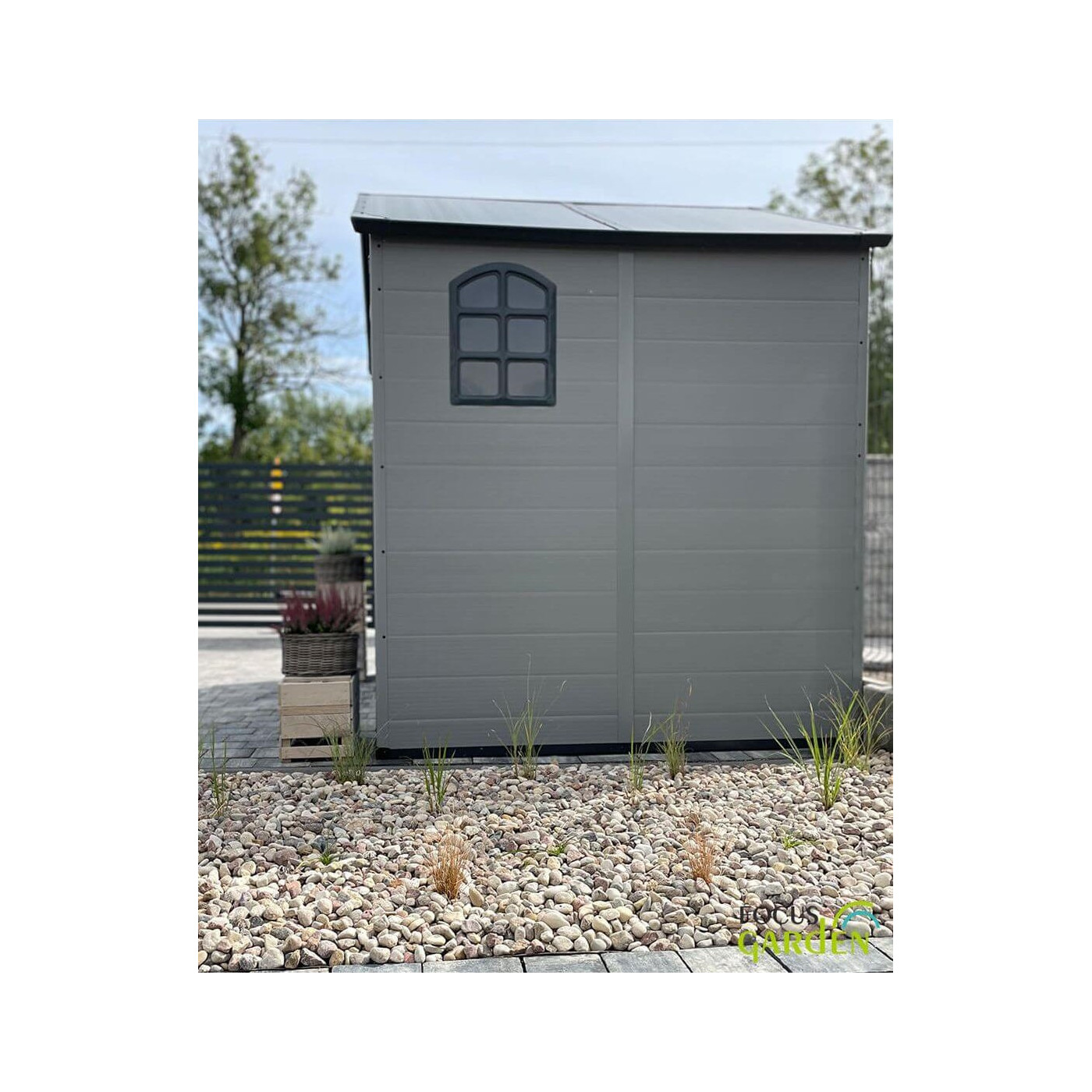 Bok domku Vermont 242x192cm z oknem, domek ogrodowy w odcieniu Light Grey