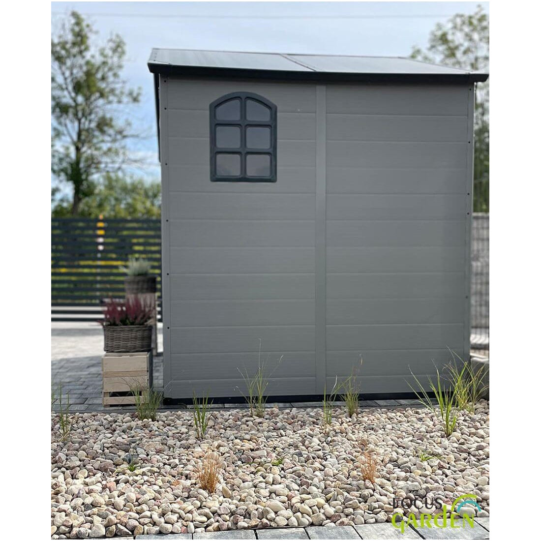 Bok domku Vermont 242x192cm z oknem, domek ogrodowy w odcieniu Light Grey