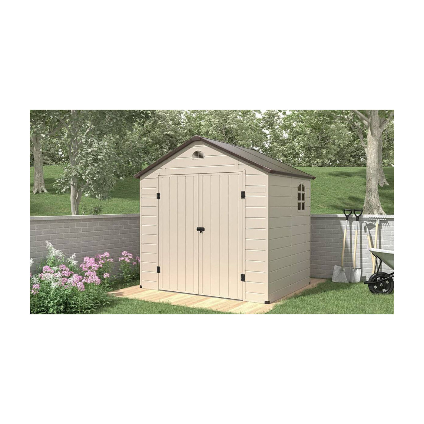  Domek ogrodowy na narzędzia Vermont 242x192cm w ogrodzie, na drewnianym podłożu