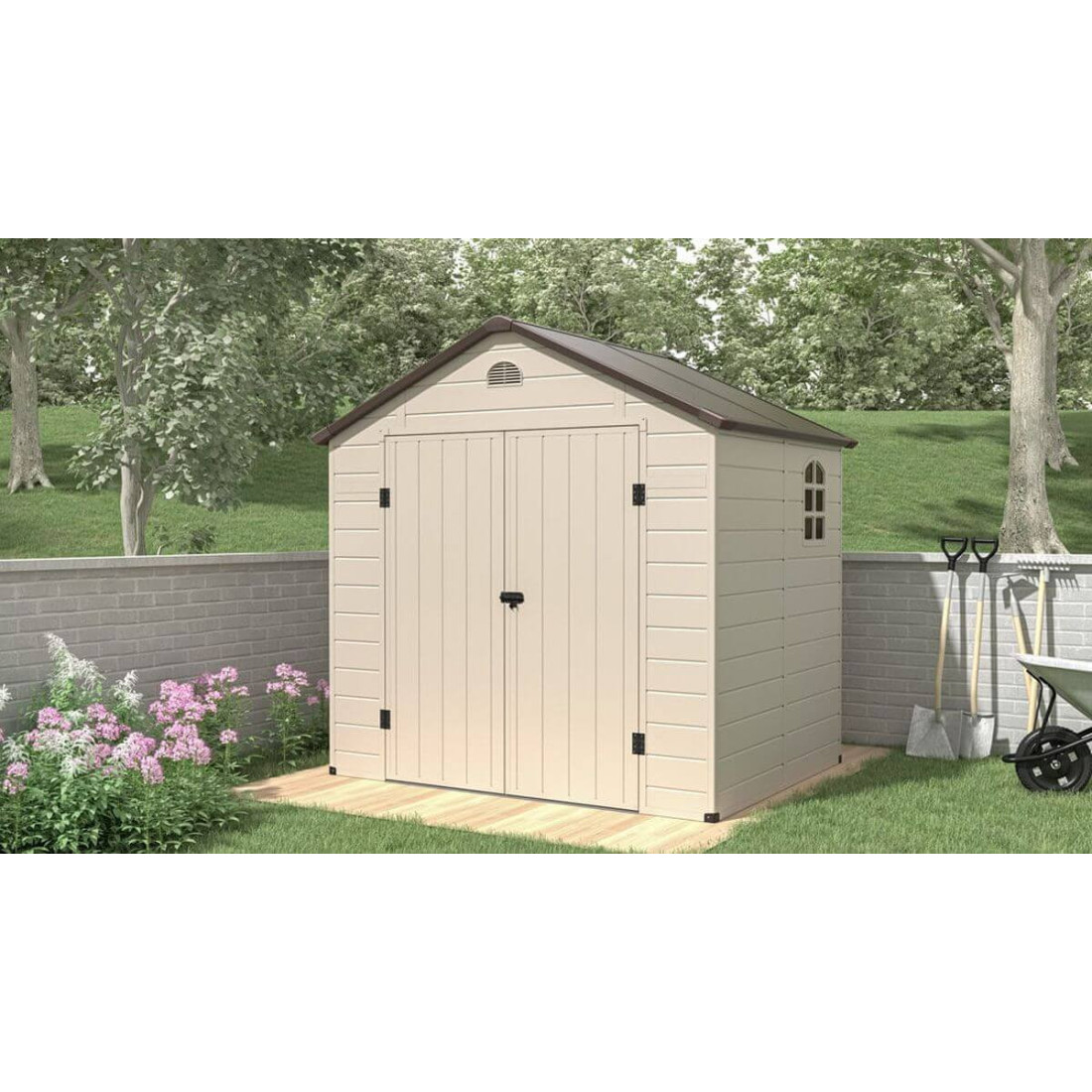  Domek ogrodowy na narzędzia Vermont 242x192cm w ogrodzie, na drewnianym podłożu