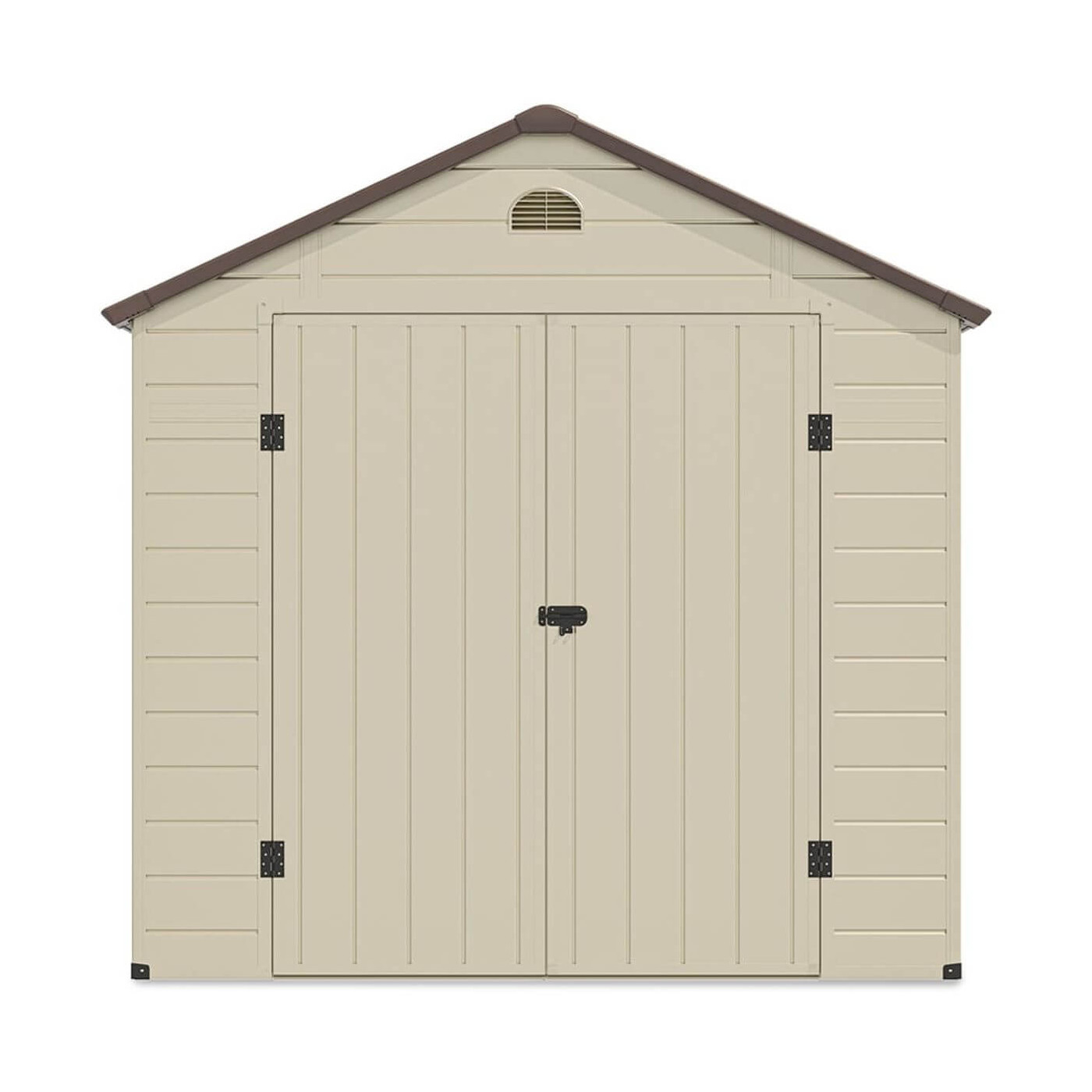 Widok na przód domku narzędziowego Vermont - Hardmaister, szerokie podwójne drzwi, dwuspadowy dach