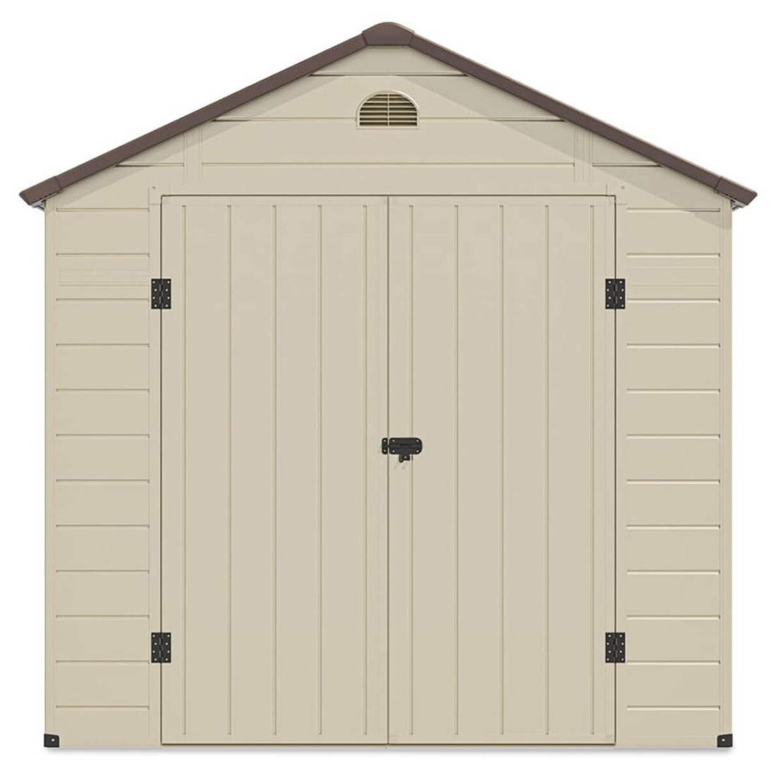 Widok na przód domku narzędziowego Vermont - Hardmaister, szerokie podwójne drzwi, dwuspadowy dach