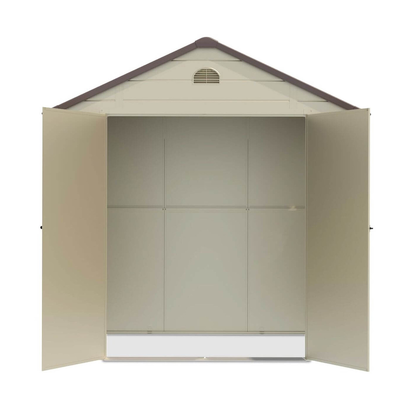 Widok na wnętrze domku ogrodowego Vermont, otwarte podwójne, szerokie drzwi, przestronne wnętrze