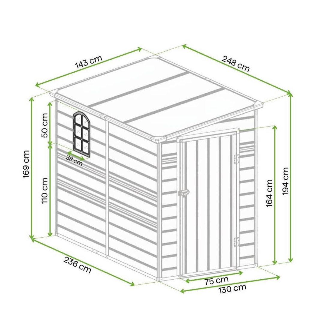 Rysunek z wymiarami narzędziowni BOSTON 143x248cm od firmy Hardmaister