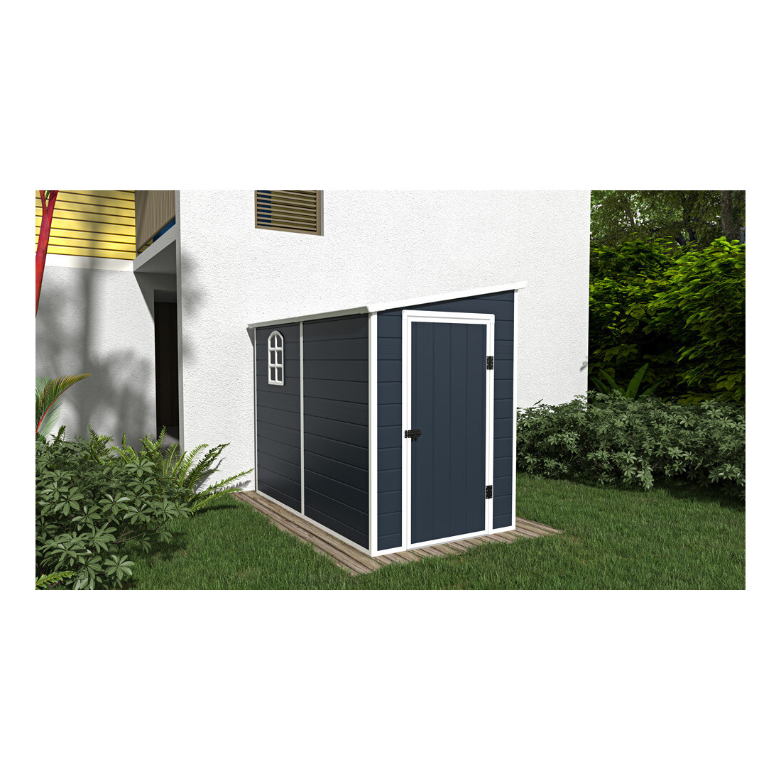 Aranżacja w ogrodzie ciemno szarego domku narzędziowego Boston 143x248cm