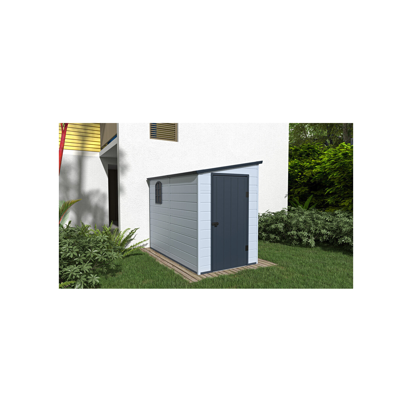 Wizualizacja jasno-szarego domku narzędziowego BOSTON 143x248cm - Hardmaister w ogrodzie