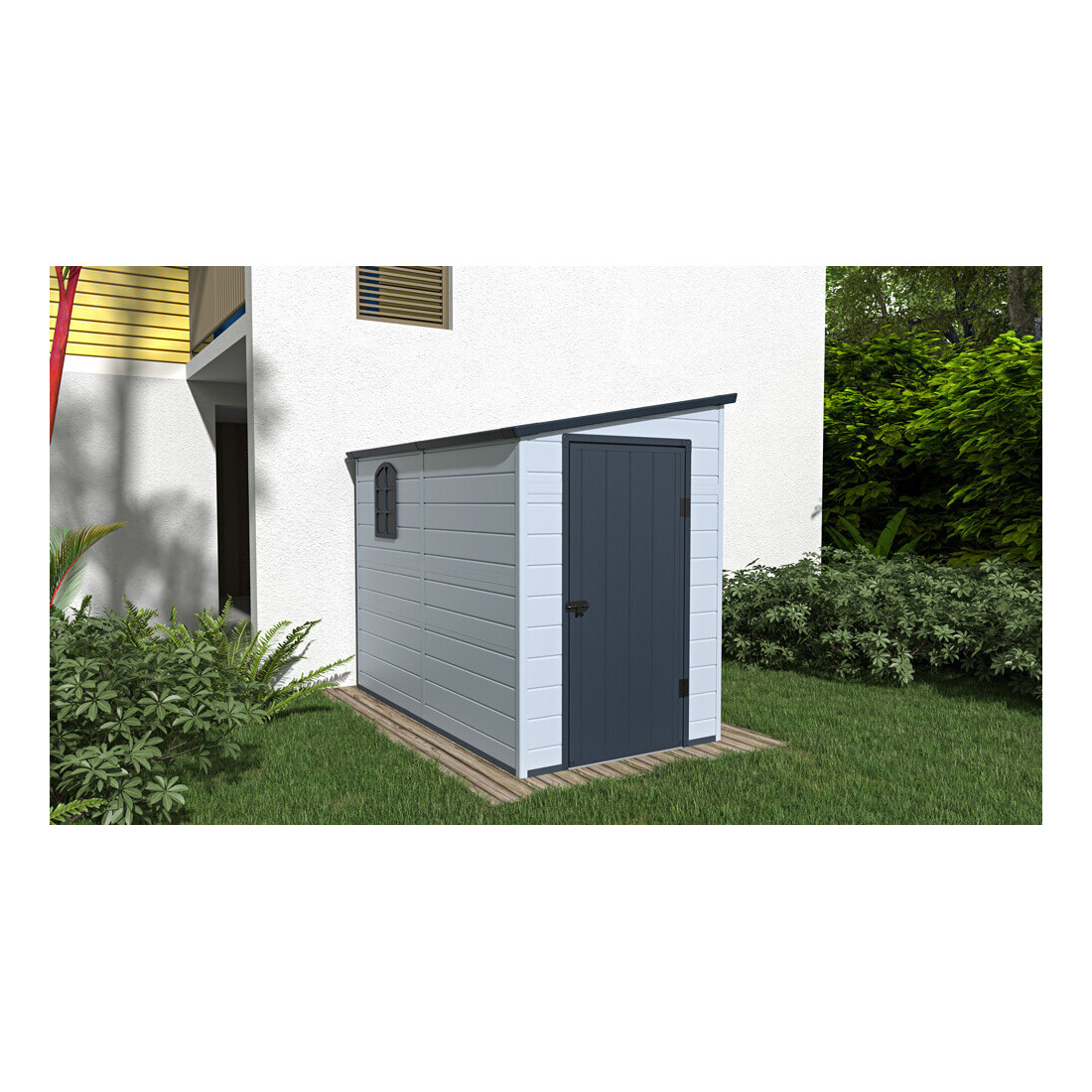 Wizualizacja jasno-szarego domku narzędziowego BOSTON 143x248cm - Hardmaister w ogrodzie