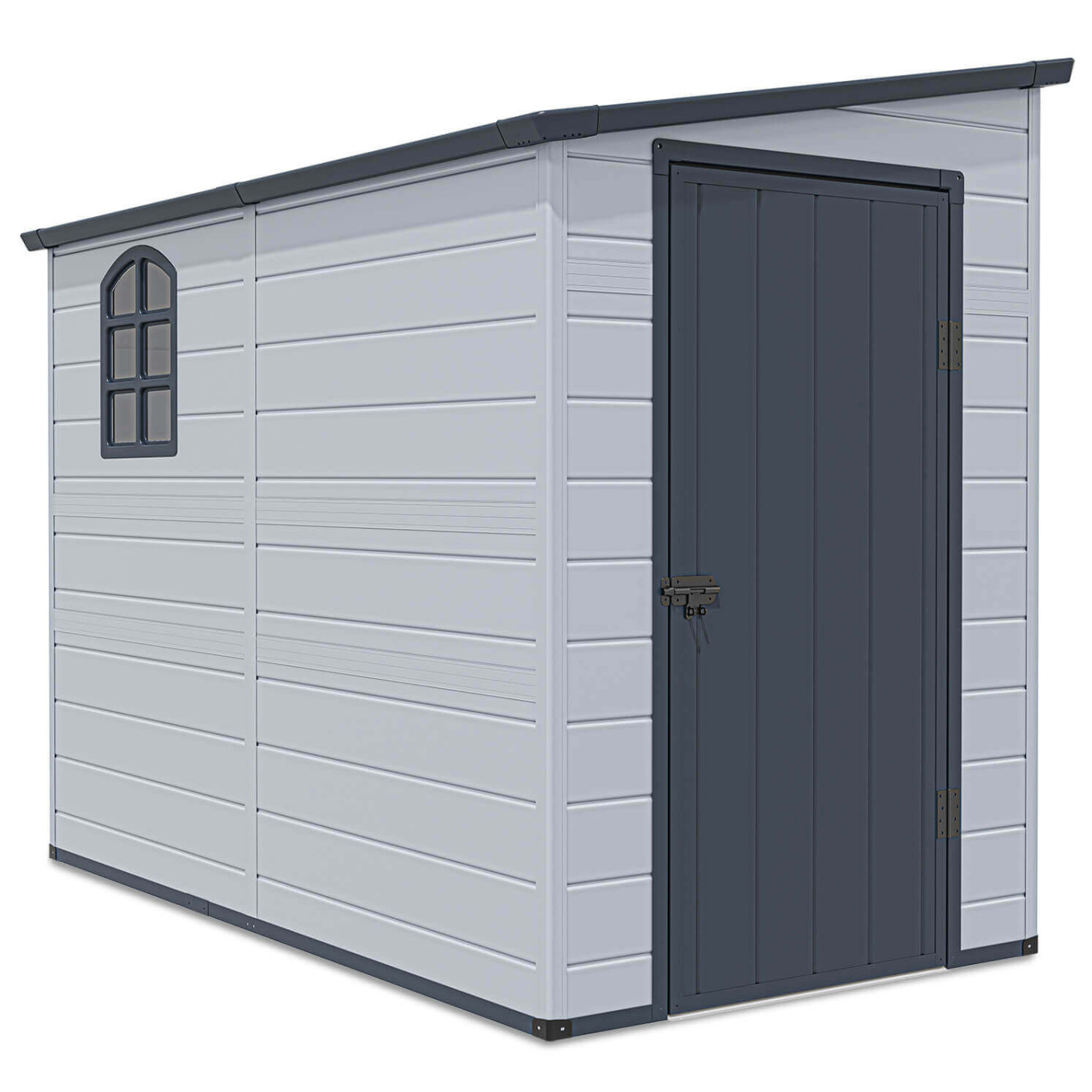 Widok z boku na narzędziownię Boston z jednospadowym dachem i oknem po lewej stronie