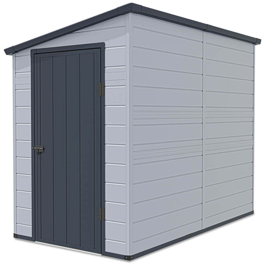 Obraz ukazujący prawą stronę domku narzędziowego  BOSTON 143x248 w kolorze jasno-szarym