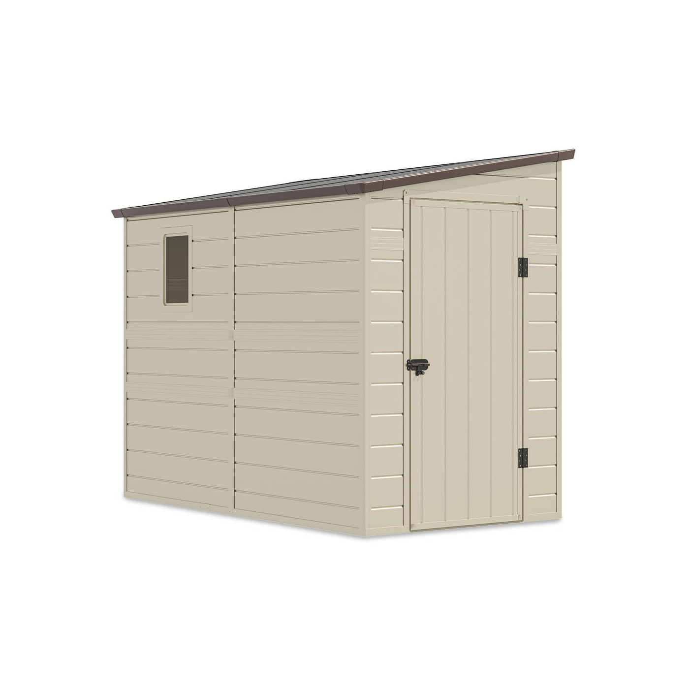 Wizualizacja beżowego domku narzędziowego BOSTON 143x248cm - Hardmaister w ogrodzie