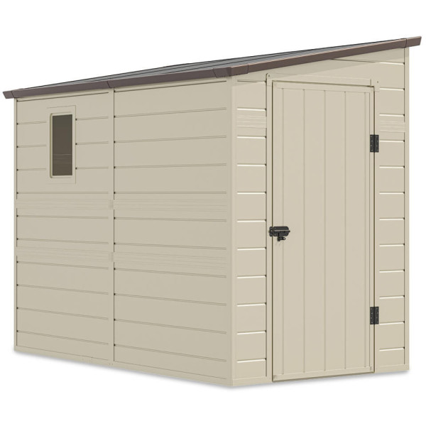 Wizualizacja beżowego domku narzędziowego BOSTON 143x248cm - Hardmaister w ogrodzie