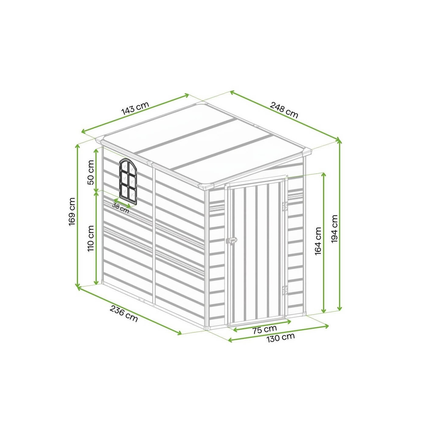 Rycina z wymiarami beżowej narzędziowni BOSTON 143x248cm Hardmaister