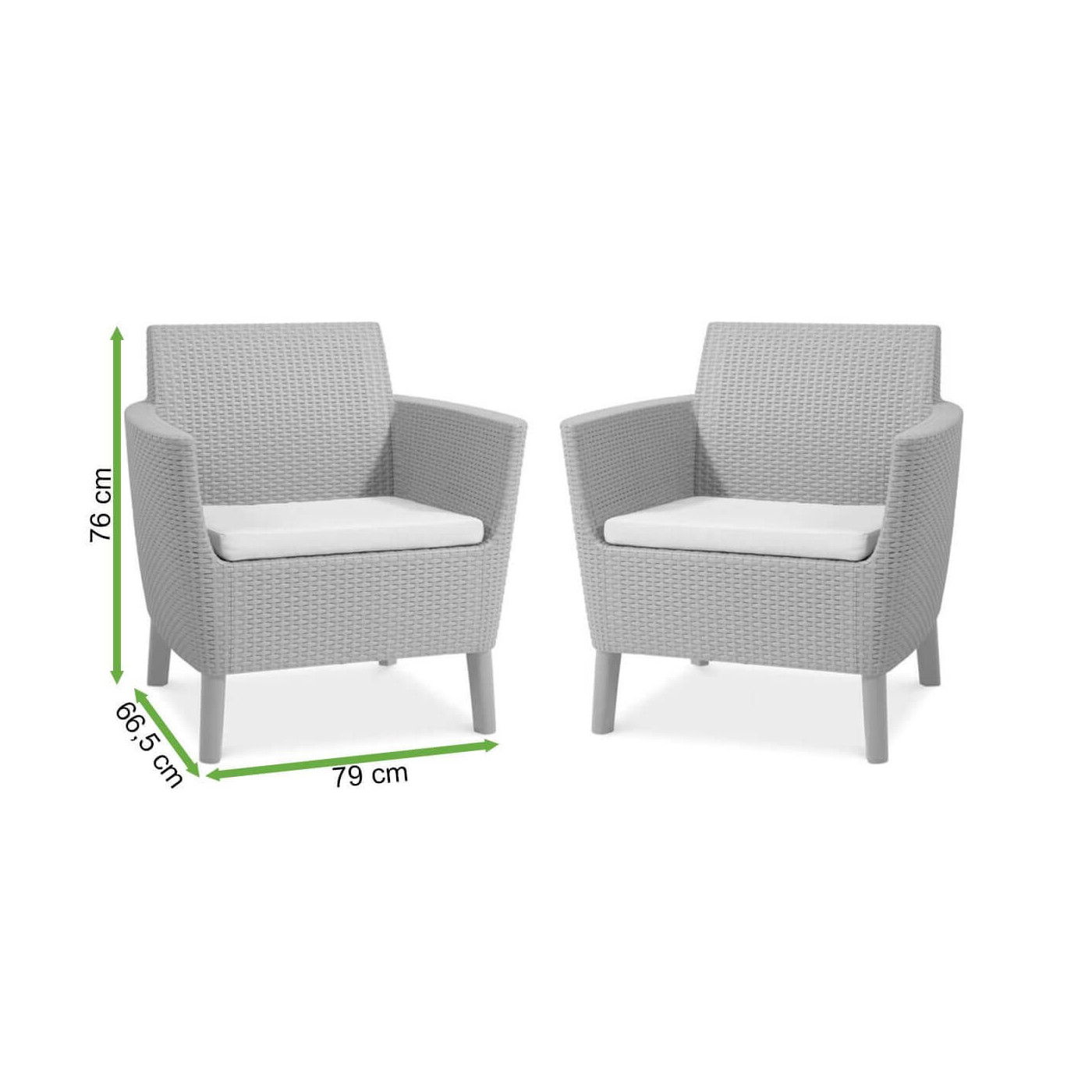 Rzut z wymiarami krzeseł zestawu ogrodowego Salemo Duo 