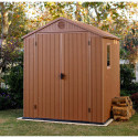 Aranżacja domku ogrodowego DARWIN 6x6 Brown wykonanego z tworzywa sztucznego