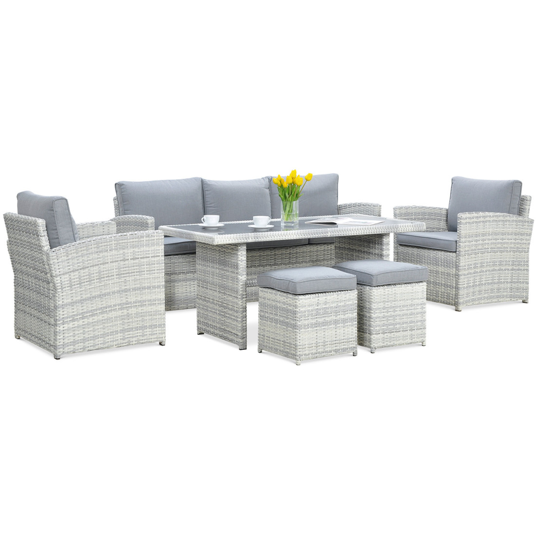 Zestaw mebli ogrodowych z technorattanu Borneo z pufami, kolor bialo-szary