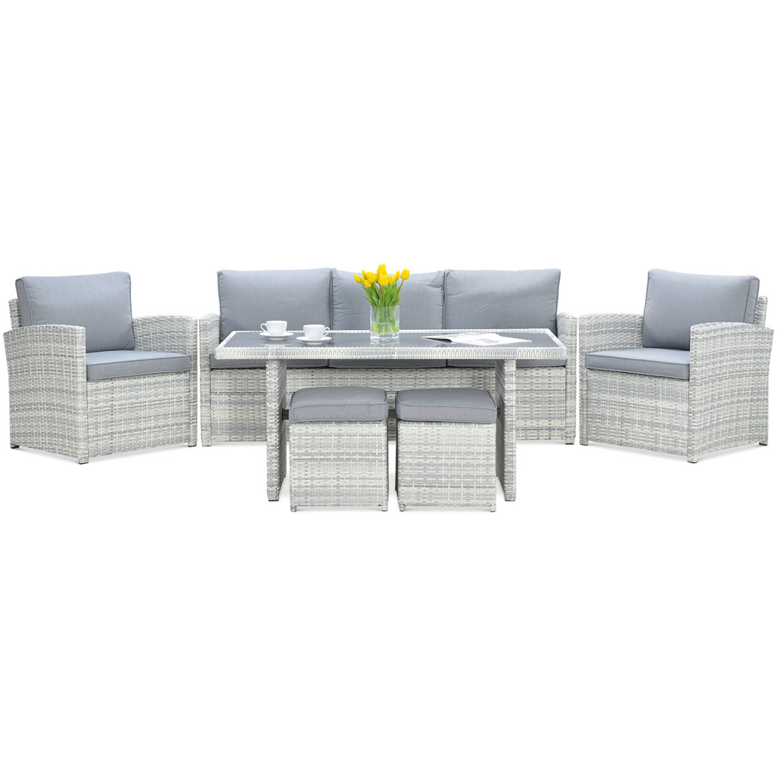 Zestaw mebli ogrodowych z technorattanu Borneo z pufami, kolor bialo-szary