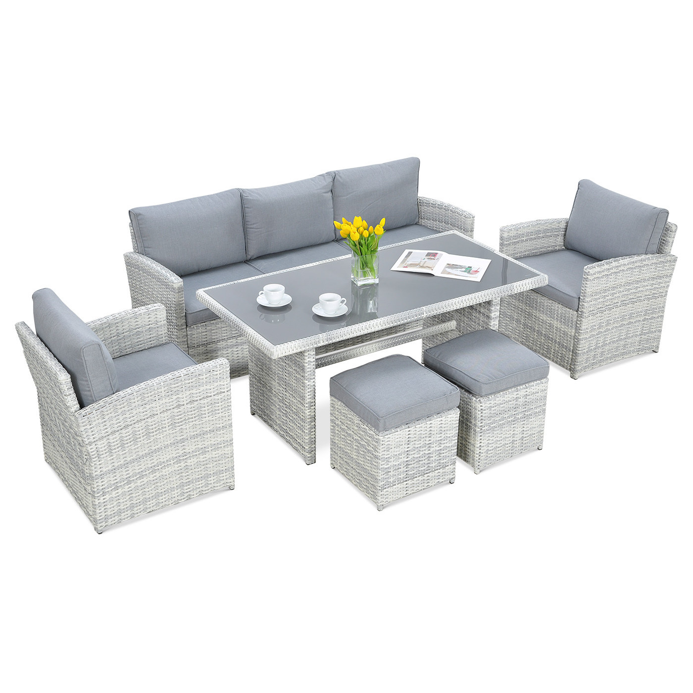 Zestaw mebli ogrodowych z technorattanu Borneo z pufami, kolor bialo-szary