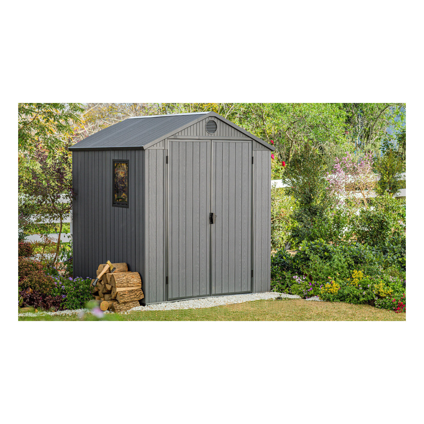 Aranżacja domku ogrodowego DARWIN 6x6 Graphite wykonanego z tworzywa sztucznego