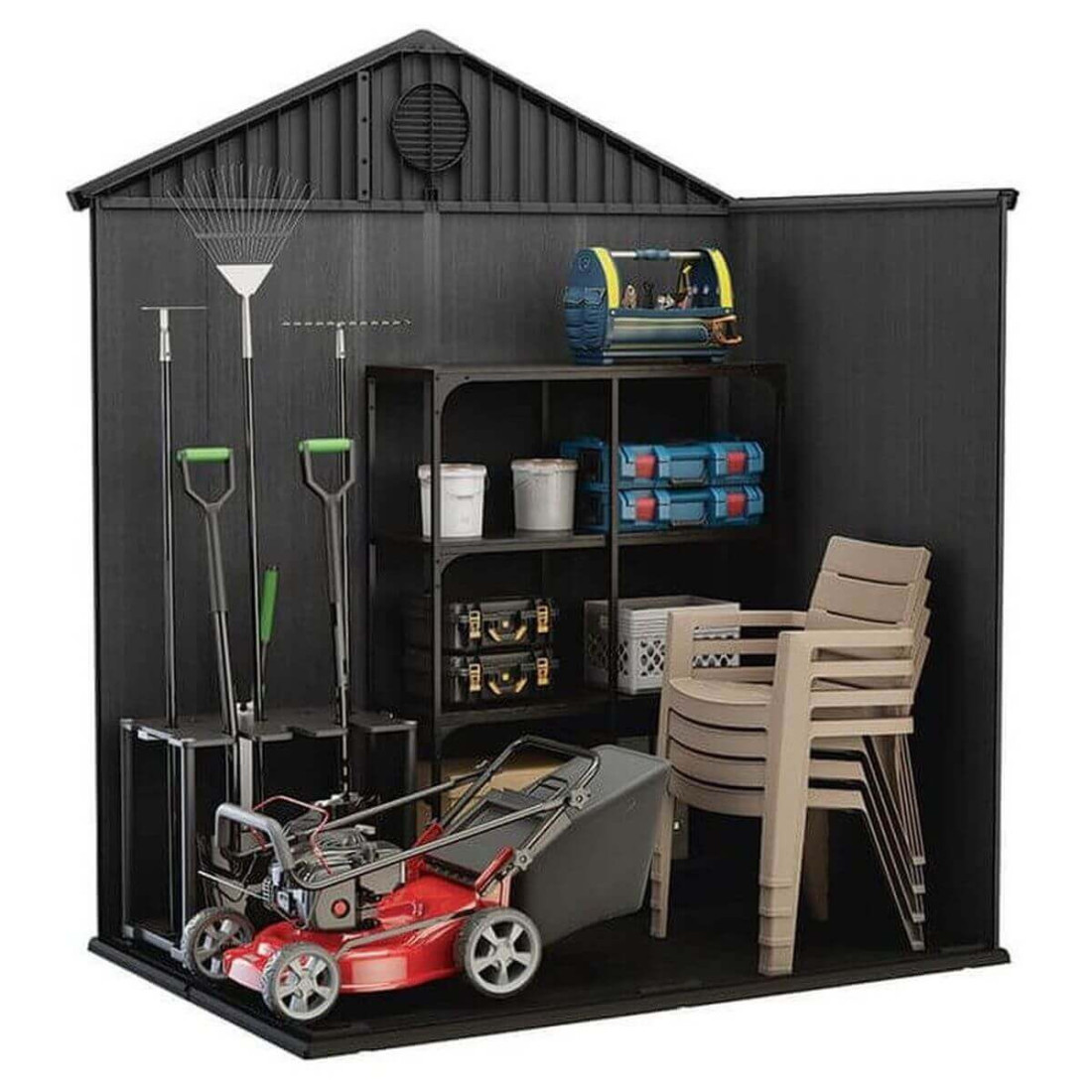 Wizualizacja zaaranżowanego wnętrza narzędziowni DARWIN o rozmiarze 6x4 od Keter