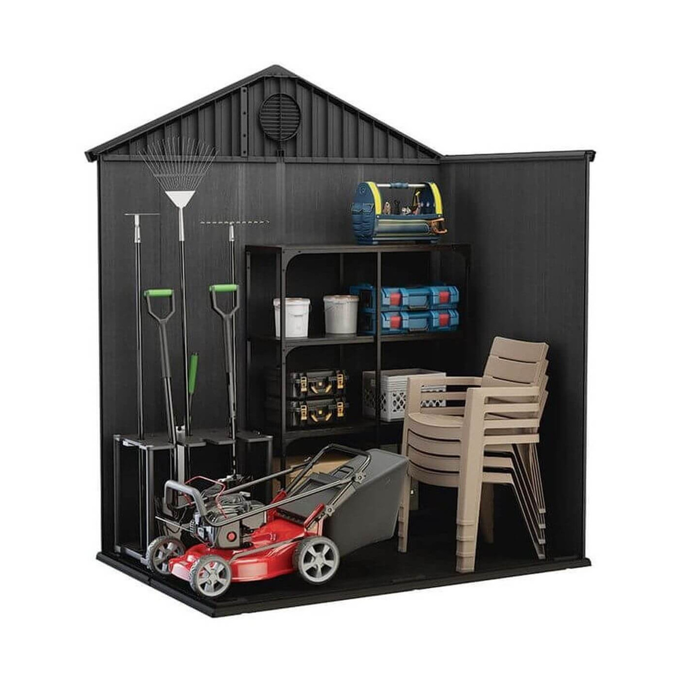 Wizualizacja zaaranżowanego wnętrza narzędziowni DARWIN o rozmiarze 6x4 od Keter