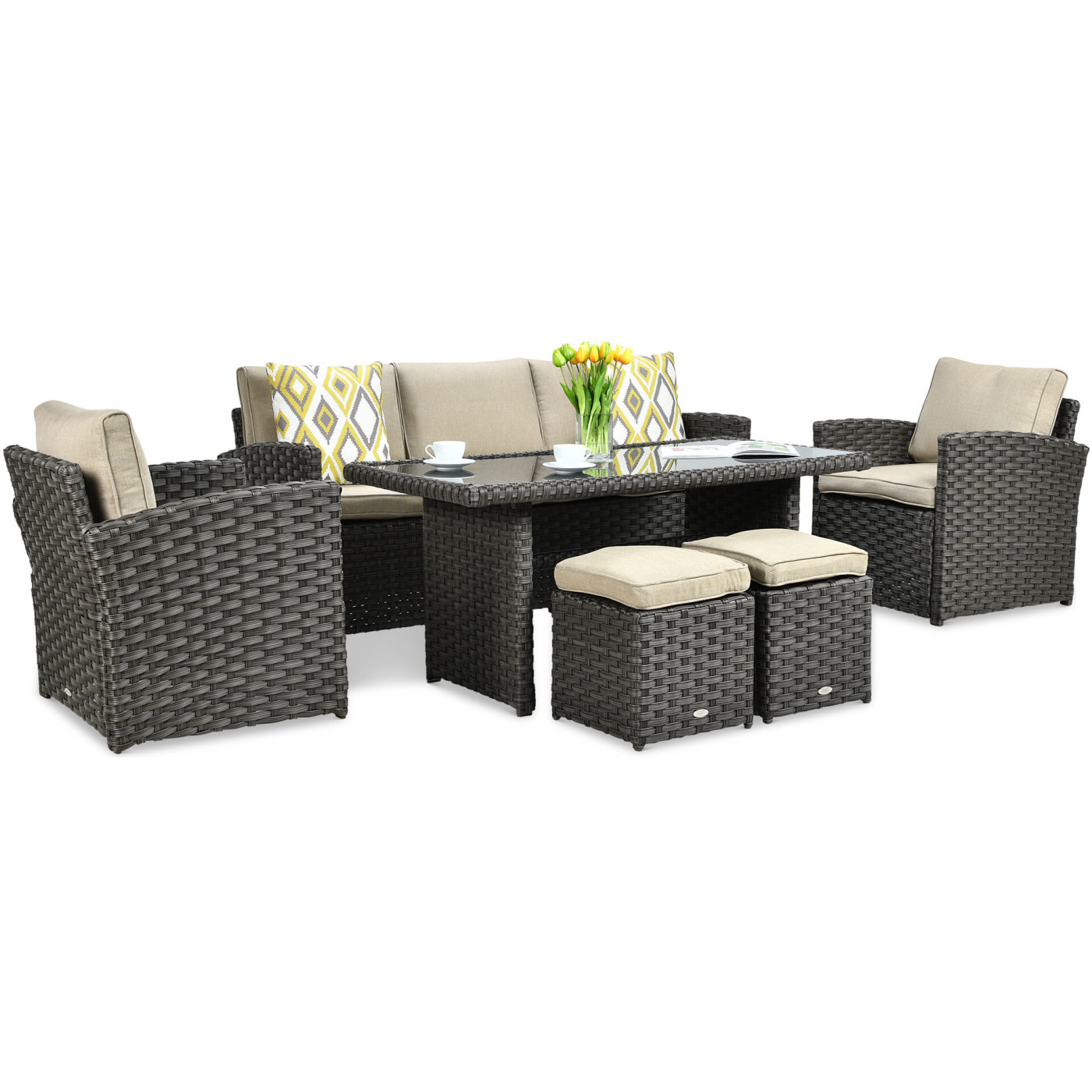 Zestaw mebli ogrodowych z technorattanu Borneo z pufami, kolor brązowy