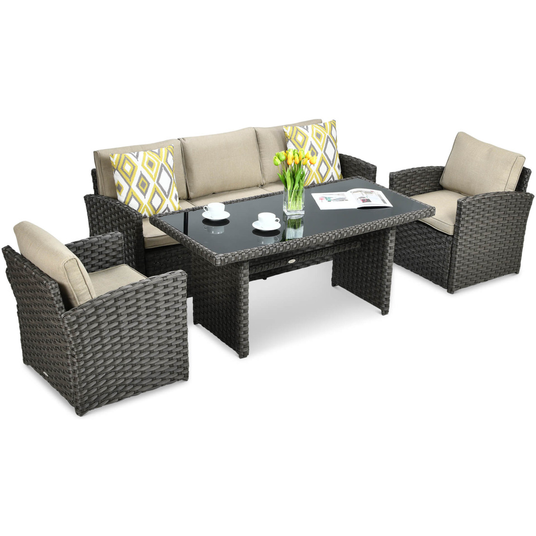 Zestaw mebli ogrodowych z technorattanu Borneo z pufami, kolor brązowy