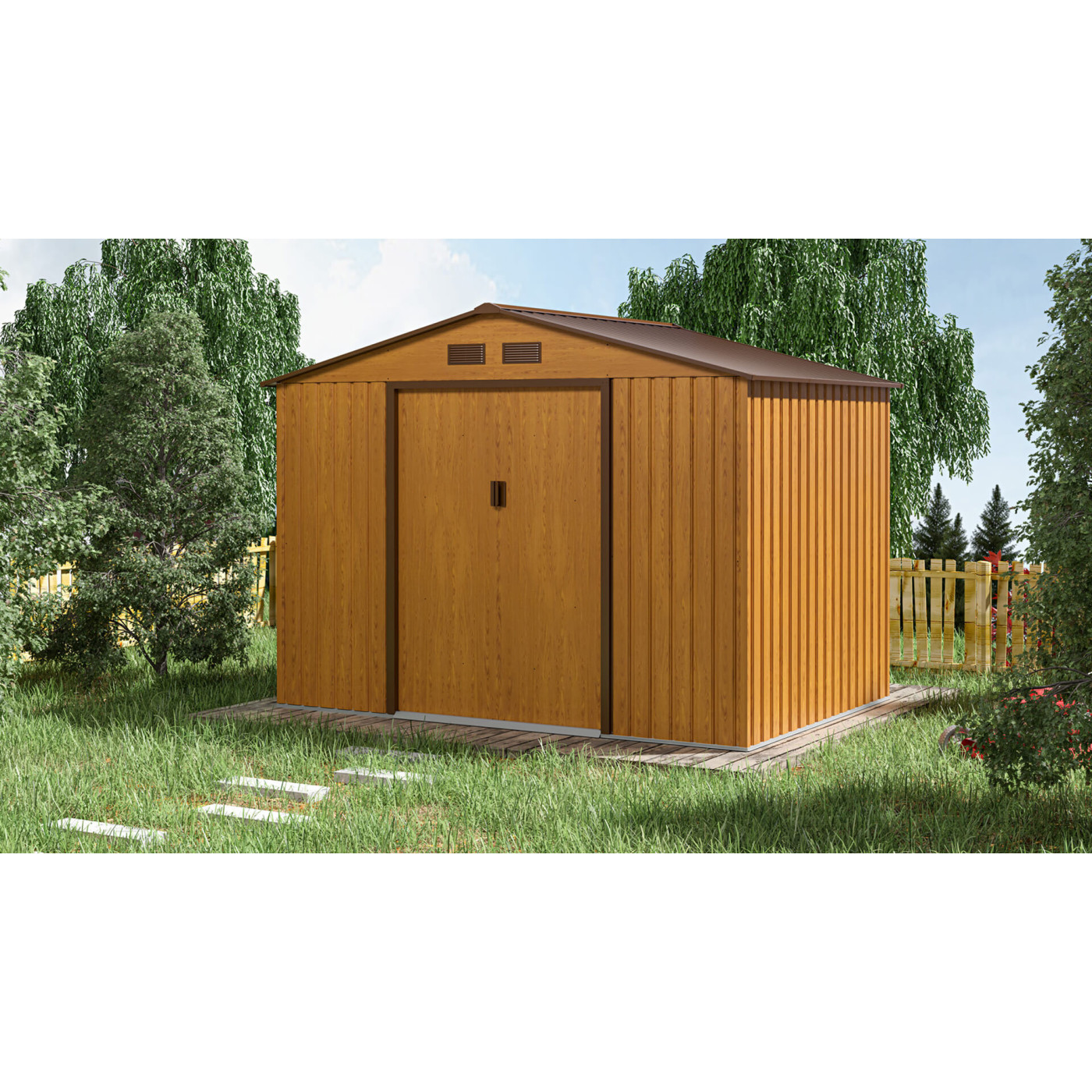 Domek ogrodowy Hudson 277x191cm w aranżacji ogrodowej