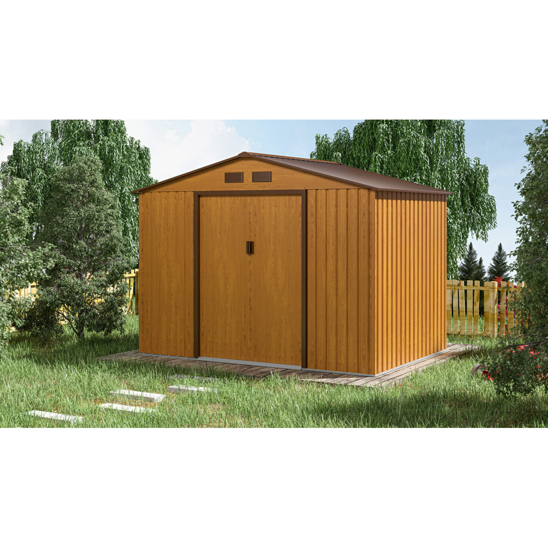 Domek ogrodowy Hudson 277x191cm w aranżacji ogrodowej