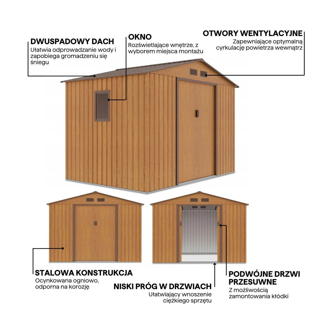 Grafika z detalami i cechami domku narzędziowego HUDSON 277x191