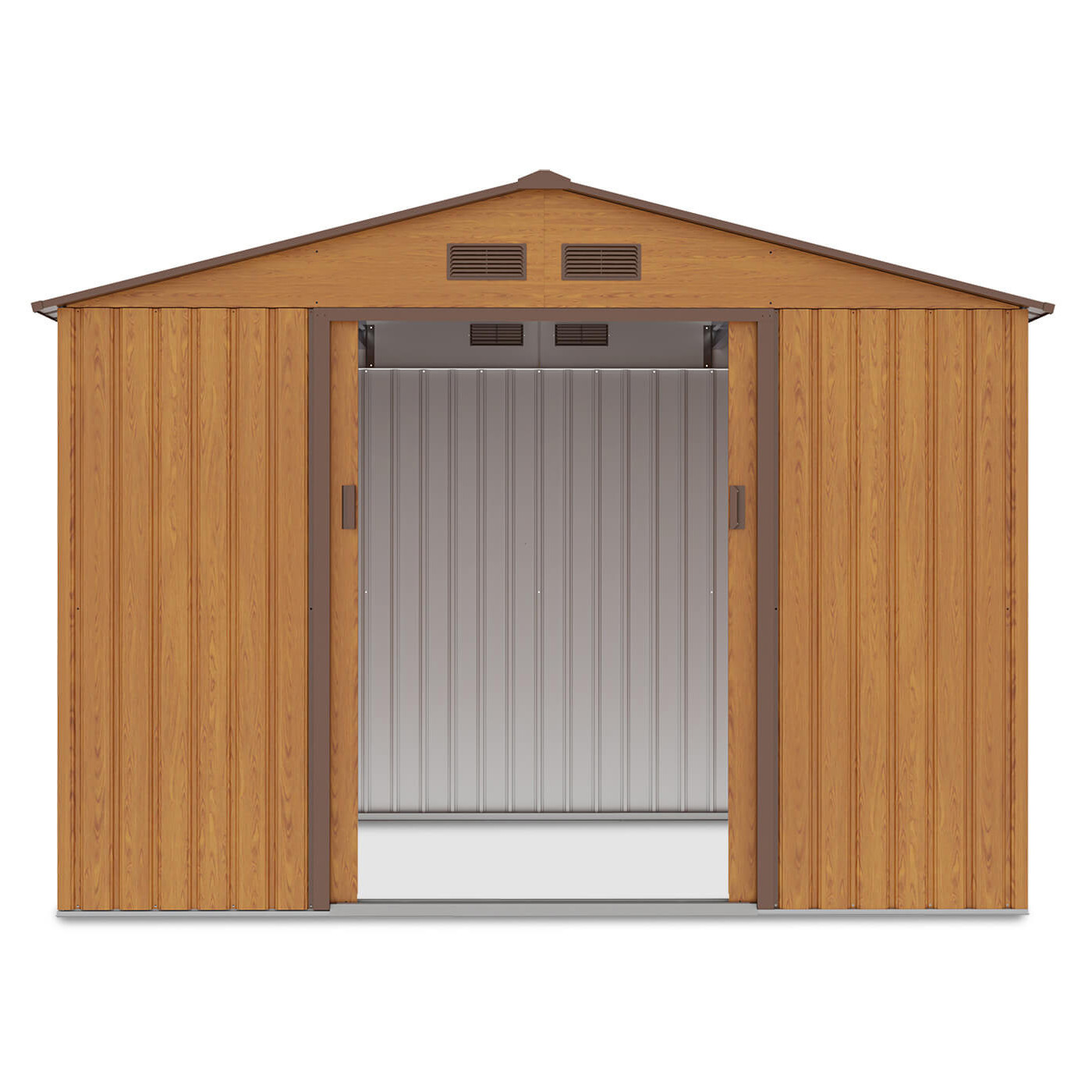 Widok na przednią ścianę oraz wnętrze domku narzędziowego Hudson Oak Brown 