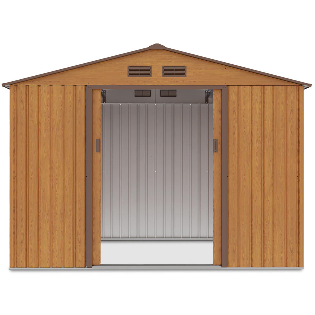 Widok na przednią ścianę oraz wnętrze domku narzędziowego Hudson Oak Brown 