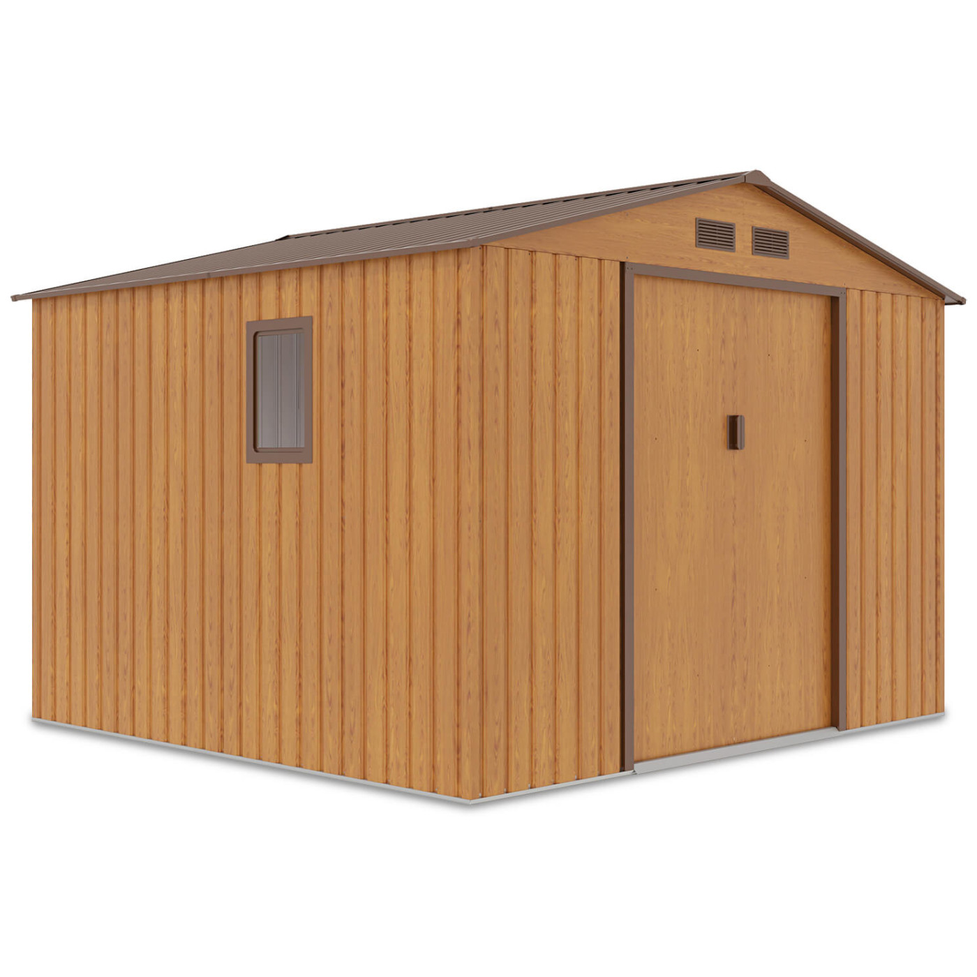 Widok na bok domku narzędziowego Hudson 277x255cm Oak Brown, z oknem